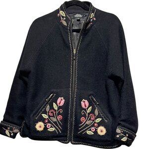 VTG Icelandic Design Nordic Boiled Wool Womens Small Embroidered Black Cardigan